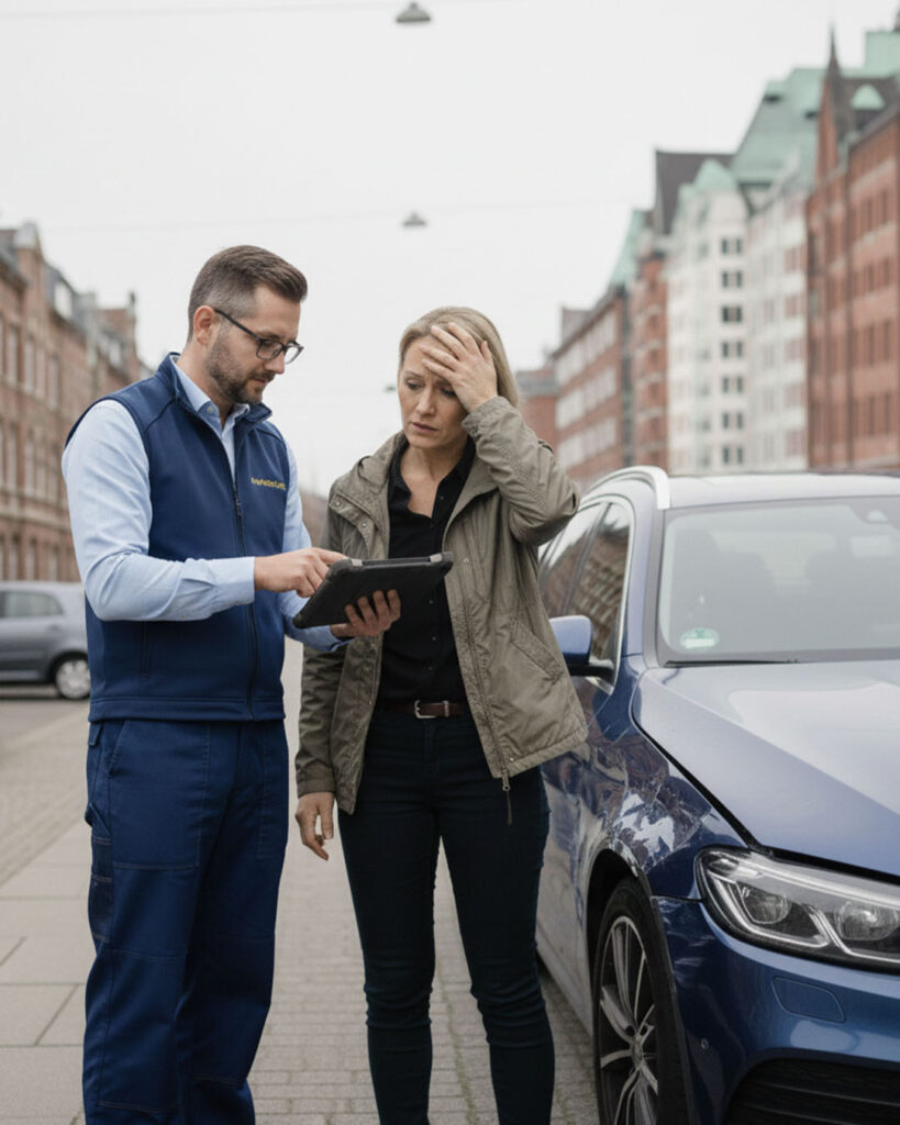 Kfz Gutachter hilft einer Unfallgeschädigten vor Ort